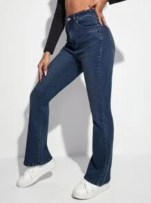 SHEIN EZwear 高腰漂白水洗牛仔喇叭褲 - 深色水洗藍 - 查看 6