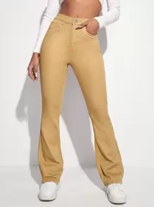 High Waist Bleach Wash Flare Leg Jeans - Khaki - View 1