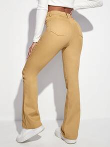 High Waist Bleach Wash Flare Leg Jeans - Khaki - View 2
