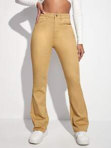 High Waist Bleach Wash Flare Leg Jeans - Khaki - View 3