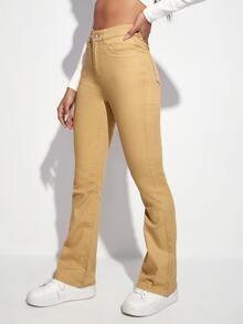High Waist Bleach Wash Flare Leg Jeans - Khaki - View 4
