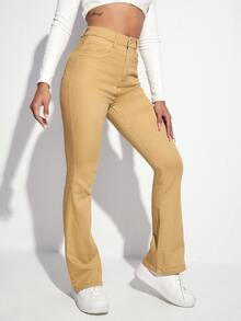 High Waist Bleach Wash Flare Leg Jeans - Khaki - View 5