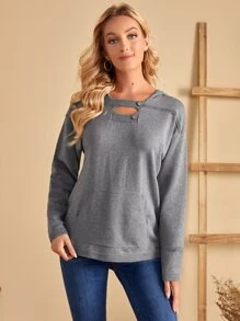 SHEIN Unity 紐扣前鏤空連帽套頭毛衣 - 灰色 - 查看 1