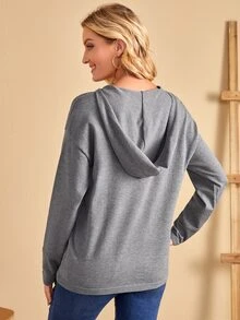 SHEIN Unity 紐扣前鏤空連帽套頭毛衣 - 灰色 - 查看 2