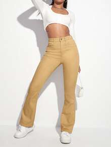 High Waist Bleach Wash Flare Leg Jeans - Khaki - View 6
