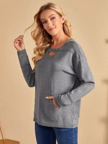 SHEIN Unity 紐扣前鏤空連帽套頭毛衣 - 灰色 - 查看 3