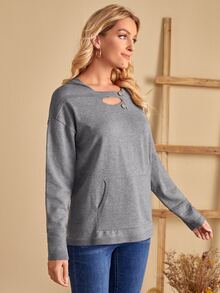 SHEIN Unity 紐扣前鏤空連帽套頭毛衣 - 灰色 - 查看 4