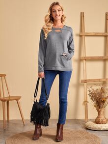 SHEIN Unity 紐扣前鏤空連帽套頭毛衣 - 灰色 - 查看 5