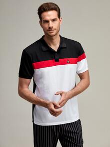 Manfinity Men Letter Patch Colorblock Polo Shirt - Multicolor - View 5