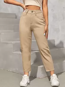 SHEIN PETITE Quần jean nữ Nút Túi Dây kéo màu trơn - Màu Khaki - Xem 1