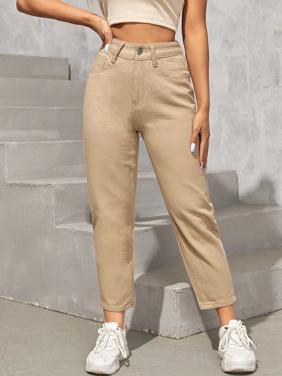 SHEIN PETITE Quần jean nữ Nút Túi Dây kéo màu trơn - Màu Khaki - Xem 1