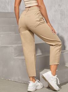 SHEIN PETITE Quần jean nữ Nút Túi Dây kéo màu trơn - Màu Khaki - Xem 2
