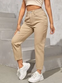 SHEIN PETITE Quần jean nữ Nút Túi Dây kéo màu trơn - Màu Khaki - Xem 3