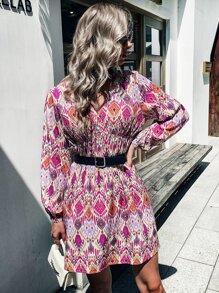 SHEIN Unity 滿版幾何圖案燈籠袖不附腰帶連衣裙 - 彩色 - 查看 1