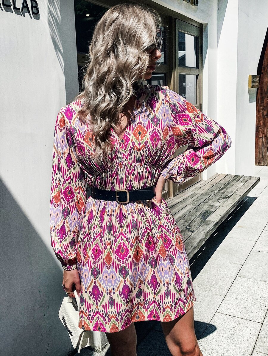 SHEIN Unity 滿版幾何圖案燈籠袖不附腰帶連衣裙 - 彩色 - 查看 1