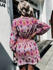 SHEIN Unity 滿版幾何圖案燈籠袖不附腰帶連衣裙 - 彩色 - 查看 2