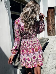 SHEIN Unity 滿版幾何圖案燈籠袖不附腰帶連衣裙 - 彩色 - 查看 3