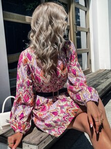 SHEIN Unity 滿版幾何圖案燈籠袖不附腰帶連衣裙 - 彩色 - 查看 5