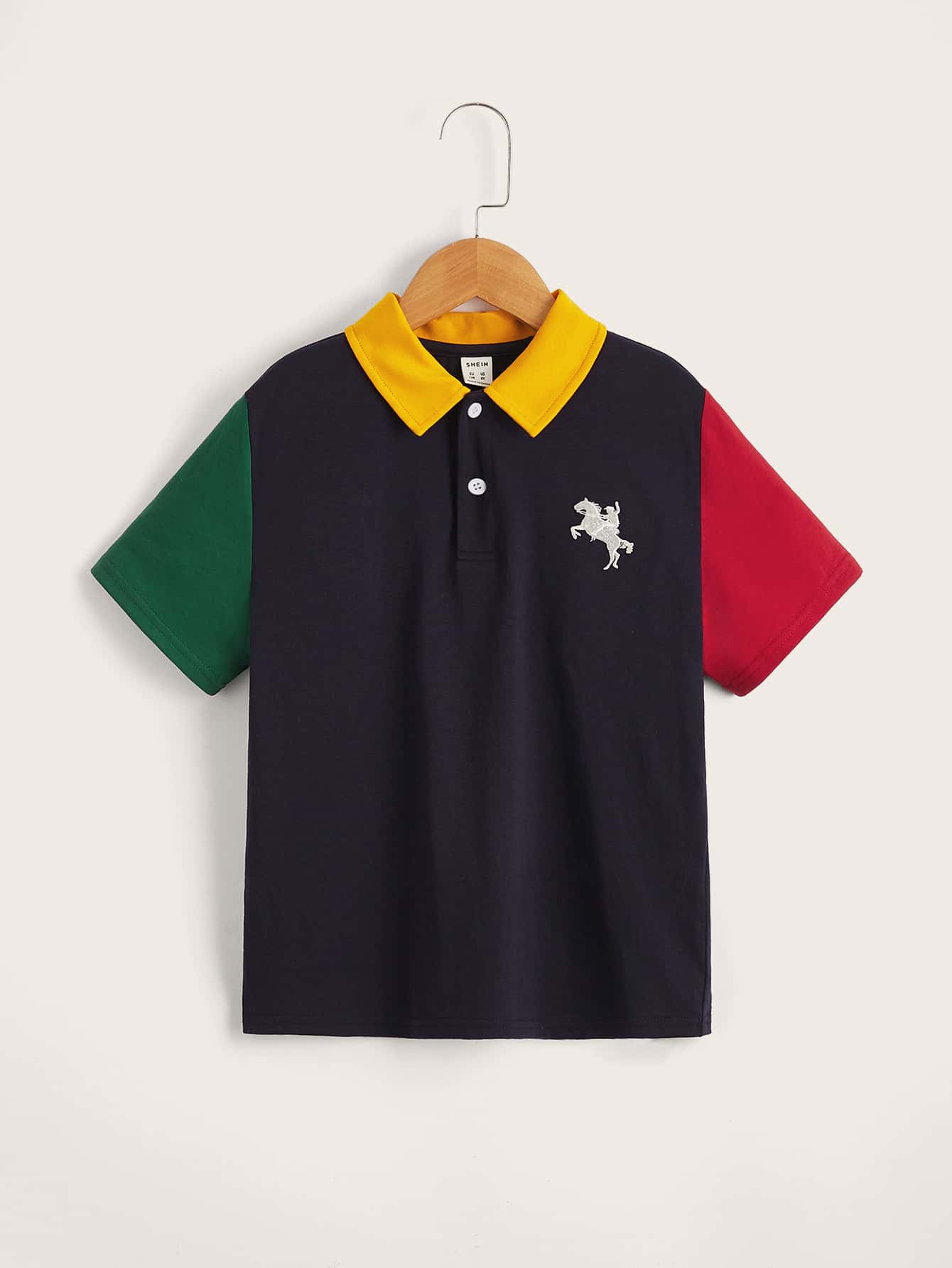 SHEIN Boys Colour Block Embroidery Detail Polo Shirt - Black - View 1