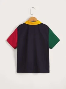 SHEIN Boys Colour Block Embroidery Detail Polo Shirt - Black - View 2