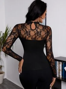 SHEIN SXY Sexy Contrast Lace Keyhole Back Elegant Tee - Black - View 2