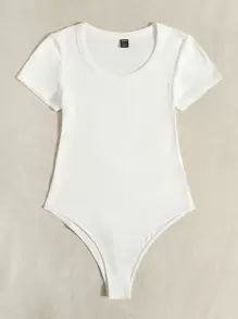 SHEIN EZwear Scoop Neck Rib-knit Bodysuit - White - View 4