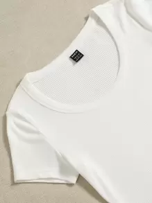 SHEIN EZwear Scoop Neck Rib-knit Bodysuit - White - View 6