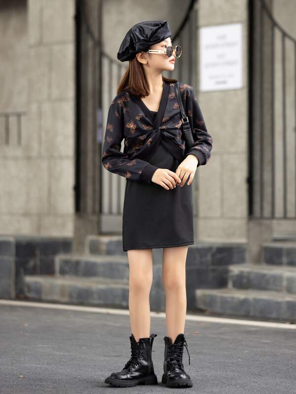 Girls Butterfly Print Twist Front Top & Dress