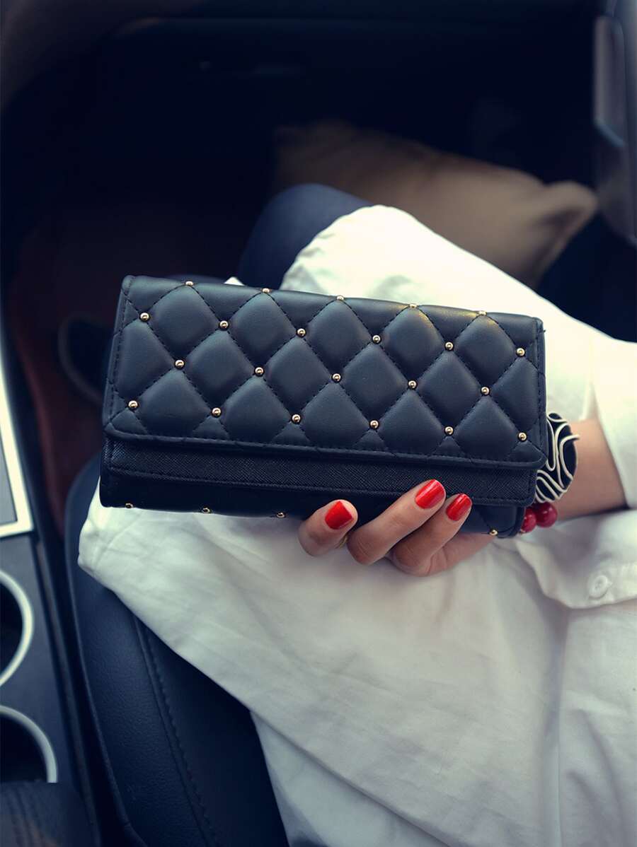 CONTAINEVERY Studded Decor Quilted Flap Long Wallet Classy - Black - View 1