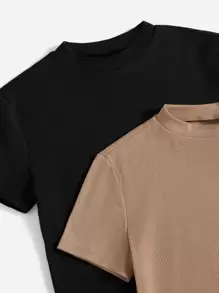 SHEIN EZwear Summer 2pcs Mock Neck Short Sleeves Fit Base Tee - Multicolor - View 5