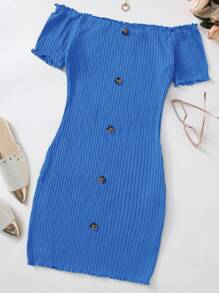 SHEIN Unity Button Front Lettuce Edge Bardot Dress - Royal Blue - View 1