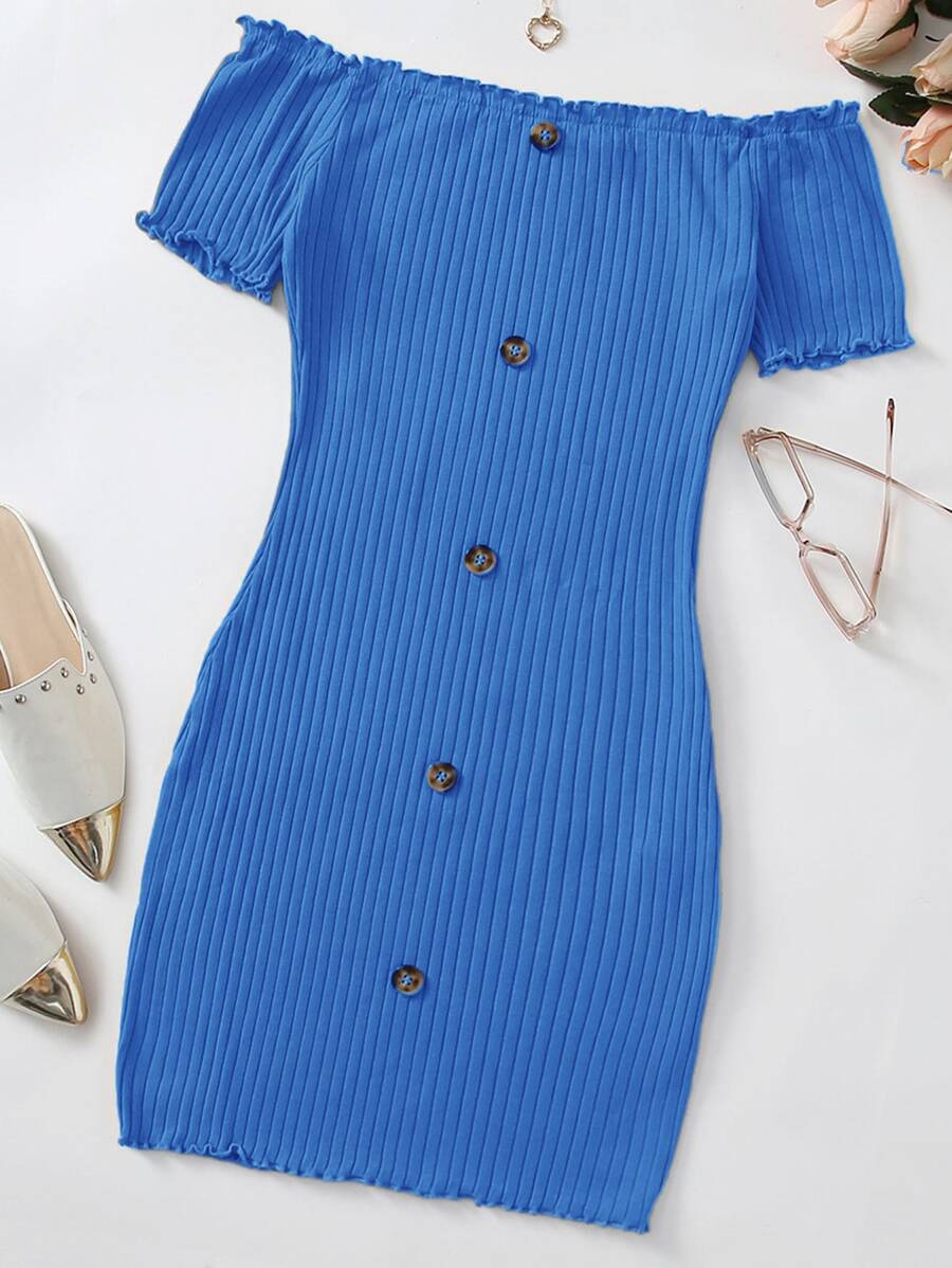 SHEIN Unity Button Front Lettuce Edge Bardot Dress - Royal Blue - View 1