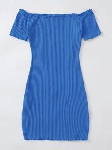 SHEIN Unity Button Front Lettuce Edge Bardot Dress - Royal Blue - View 2