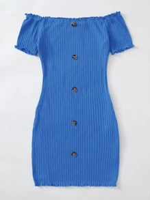 SHEIN Unity Button Front Lettuce Edge Bardot Dress - Royal Blue - View 3