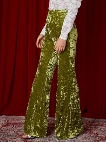 SHEIN Flare Leg Velvet Trousers - Olive Green - View 4