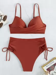 SHEIN Swim Summer Beach Ruched Bikini Set Push Up Bra & Scrunch Butt High Waisted Bottom 2 Piece Bathing Suit - Rusty Rose - View 6