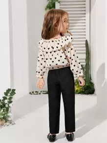 SHEIN Toddler Girls Heart Print Ruffle Trim Flounce Sleeve Top & Belted Trousers - Multicolor - View 2