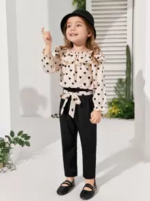 SHEIN Toddler Girls Heart Print Ruffle Trim Flounce Sleeve Top & Belted Trousers - Multicolor - View 3