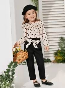 SHEIN Toddler Girls Heart Print Ruffle Trim Flounce Sleeve Top & Belted Trousers - Multicolor - View 4