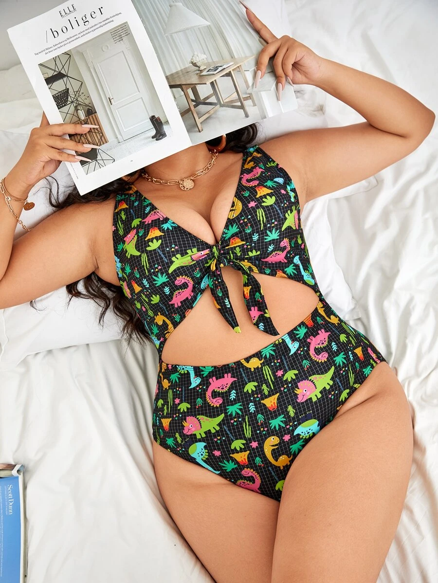 SHEIN Swim Curve Plus Cartoon Graphic Cut-out Knot One Piece Swimsuit - Black - View 1