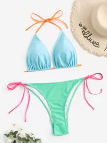 SHEIN Swim Curve Plus Size Triangle Tie Side Bikini Set Summer Beach - Multicolor - View 1