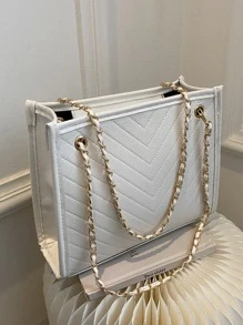 Quilted Pattern Chain Square Bag - White - View 1