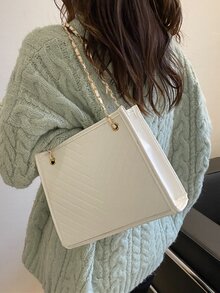 Quilted Pattern Chain Square Bag - White - View 2