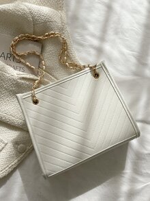 Quilted Pattern Chain Square Bag - White - View 6