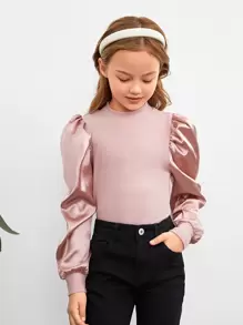 SHEIN Tween Girl Cor sólida Gola alta Manga bufante Camiseta casual, primavera outono