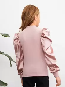 SHEIN Tween Girl Cor sólida Gola alta Manga bufante Camiseta casual, primavera outono