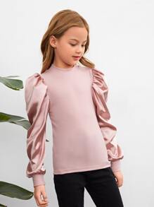 SHEIN Tween Girl Cor sólida Gola alta Manga bufante Camiseta casual, primavera outono