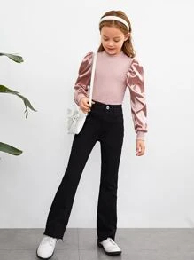 SHEIN Tween Girl Cor sólida Gola alta Manga bufante Camiseta casual, primavera outono