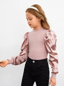 SHEIN Tween Girl Cor sólida Gola alta Manga bufante Camiseta casual, primavera outono
