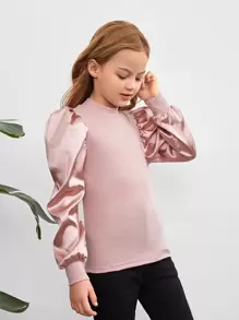 SHEIN Tween Girl Cor sólida Gola alta Manga bufante Camiseta casual, primavera outono